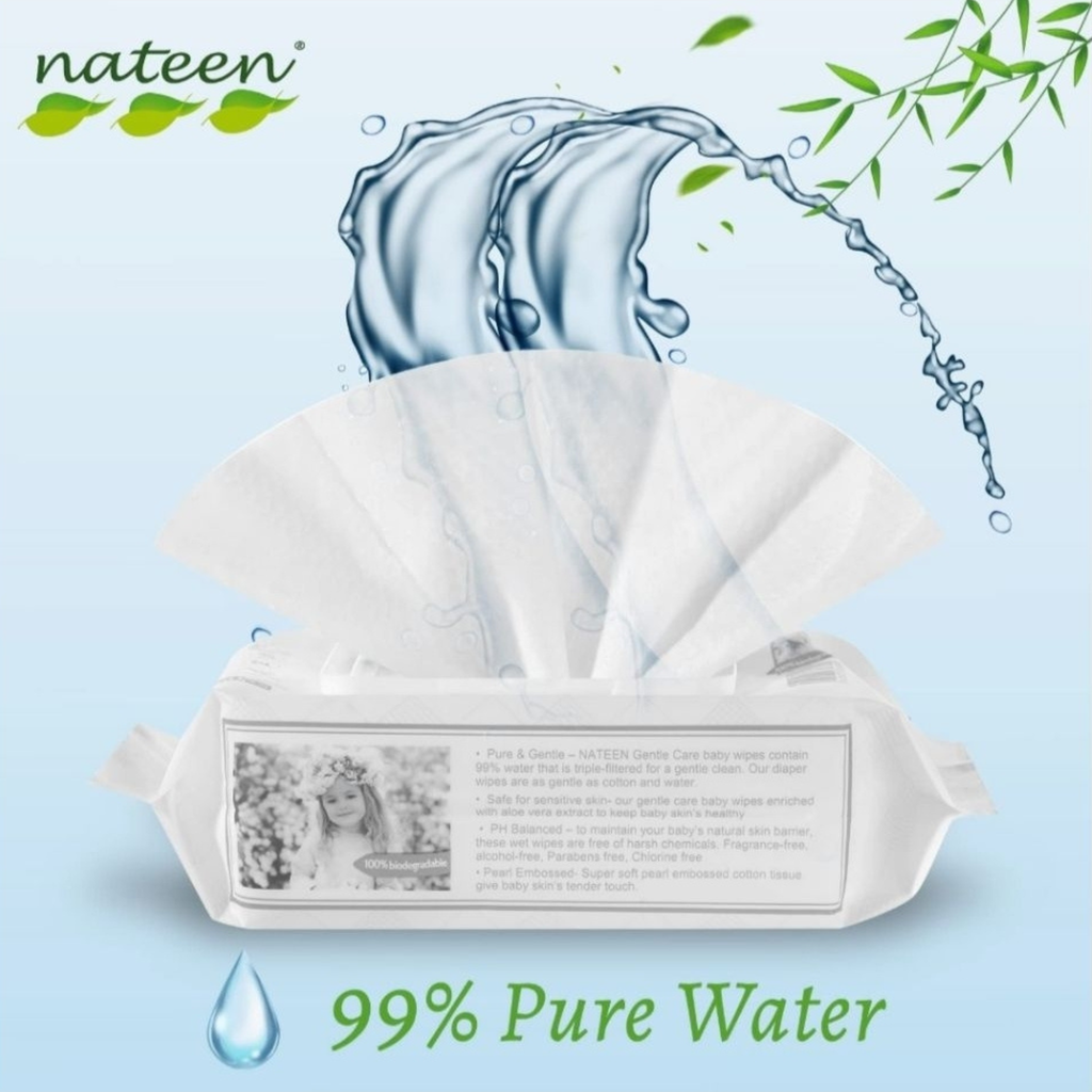 Nateen Baby Wipes Gentle Care (80 Sheets) – 99% Pure Water, Hypoallergenic & Soft 3D Texture