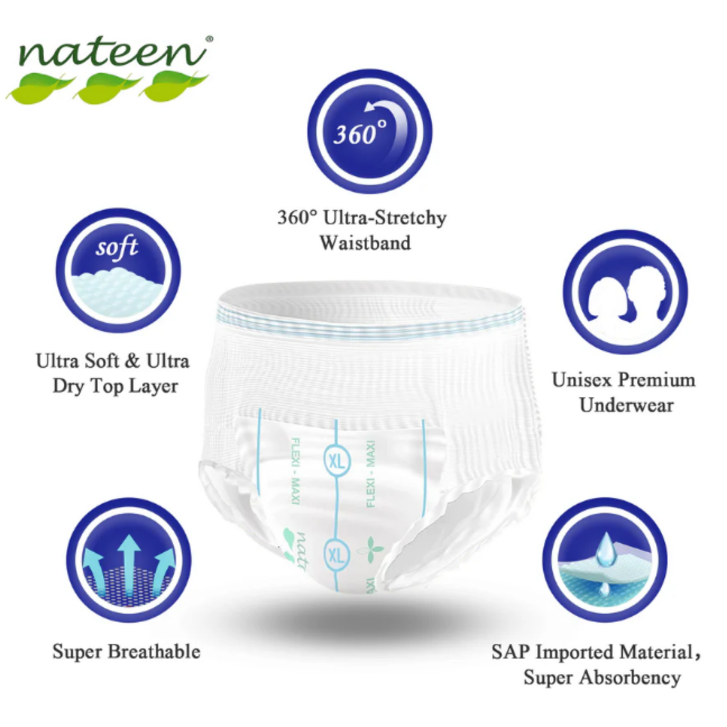 Nateen Flexi Maxi Pull-Ups – Clothlike Backsheet, Wetness Indicator, Leak Guard, Elastic Waistband & High Absorbency