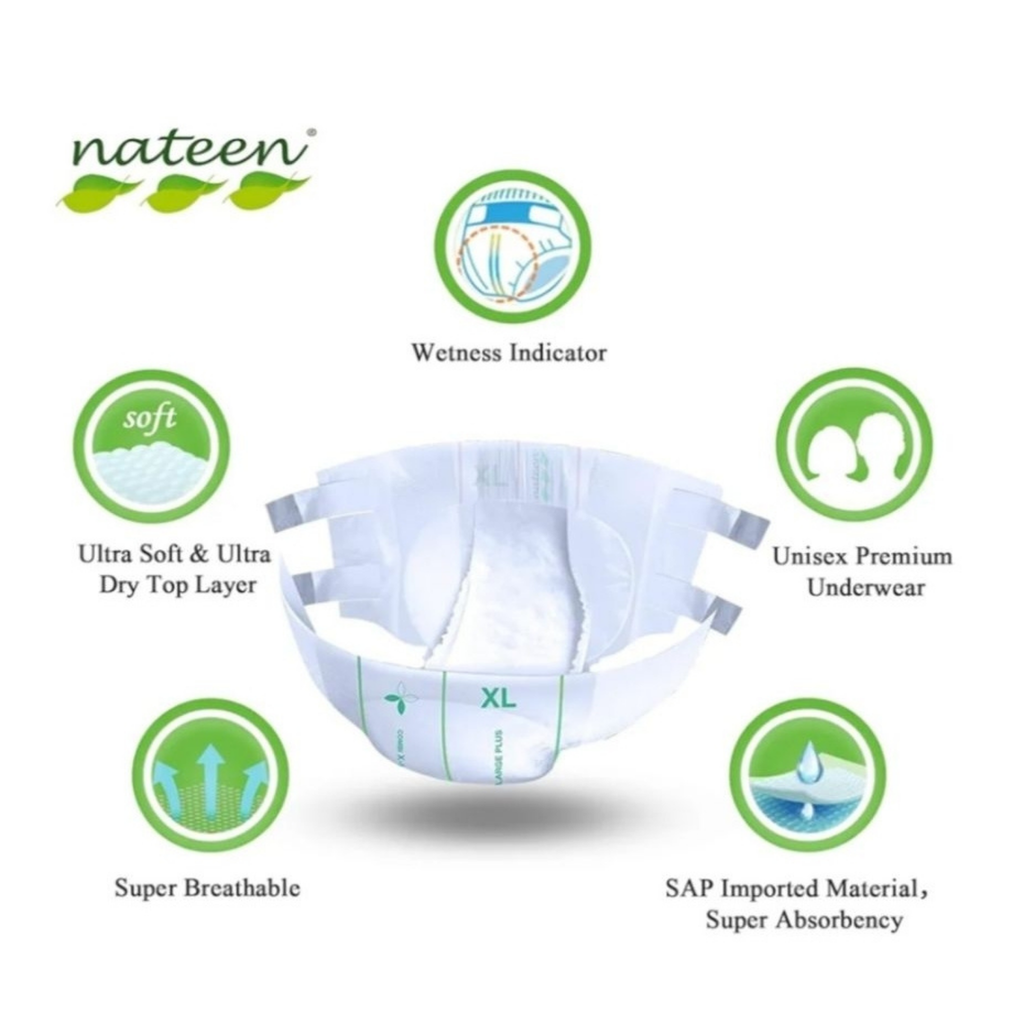 Nateen Basic Line Blue Adult Diaper | PE Embossed Back sheet, Wetness Indicator & Leak Guard