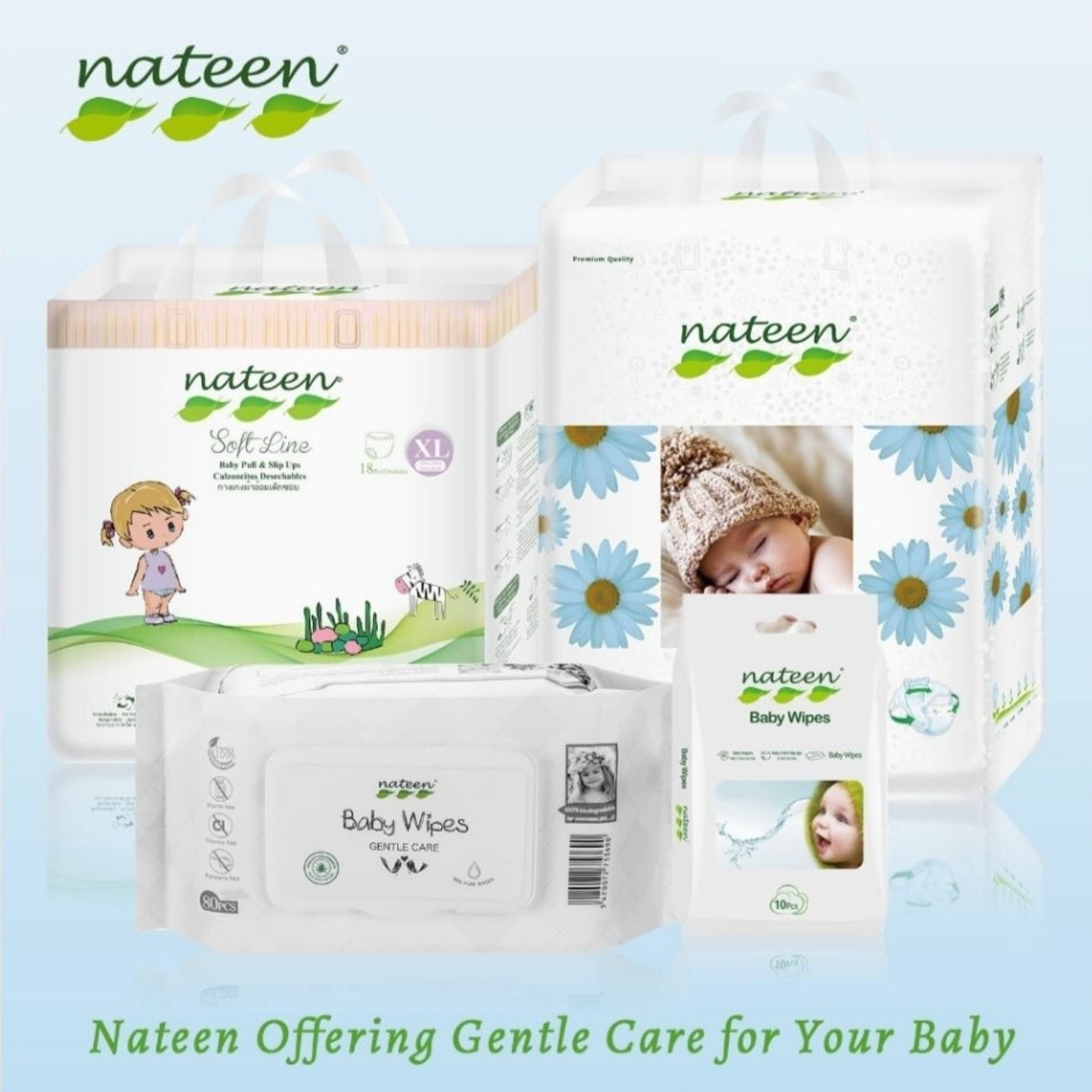 Nateen Baby Wipes Gentle Care (80 Sheets) – 99% Pure Water, Hypoallergenic & Soft 3D Texture