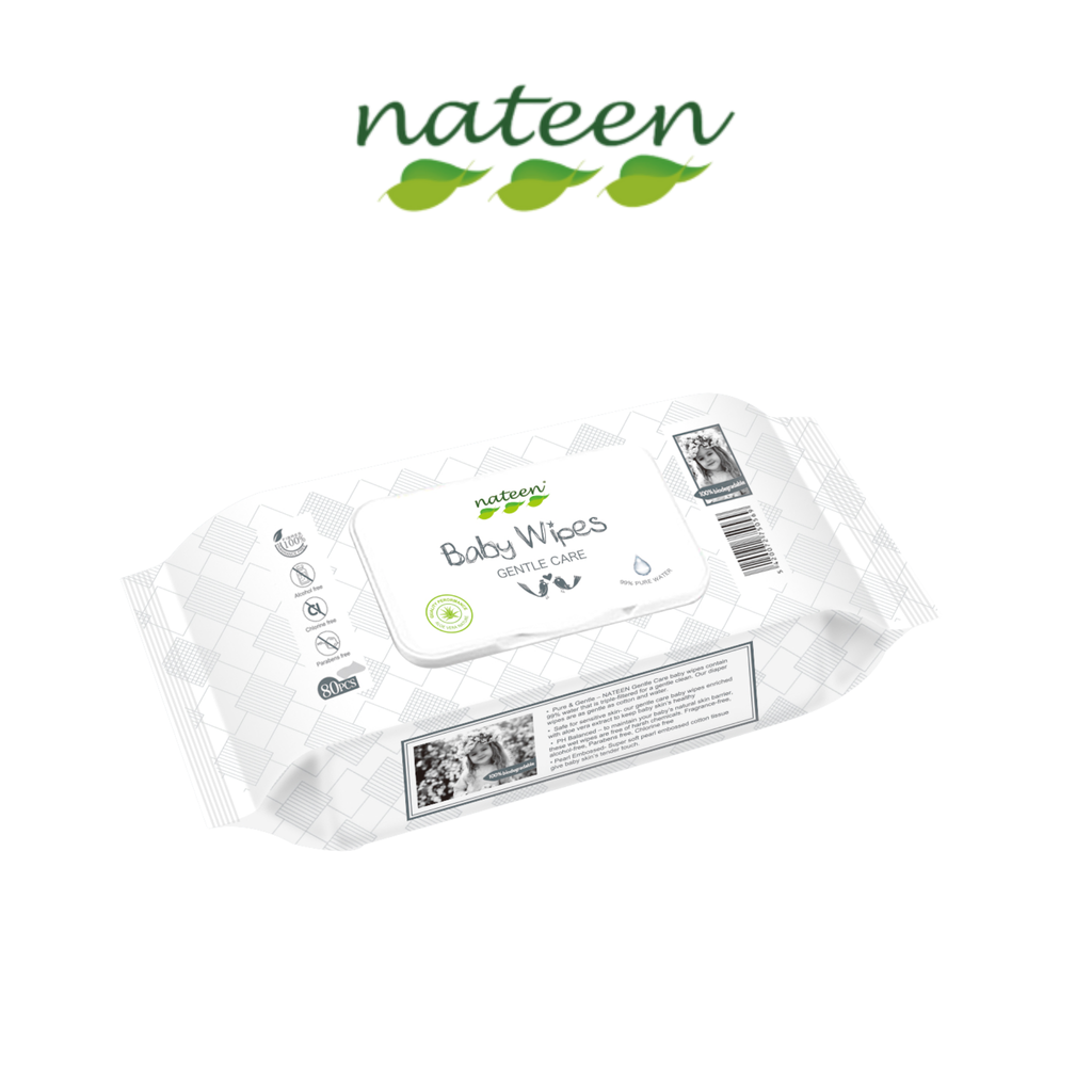 Nateen Baby Wipes Gentle Care (80 Sheets) – 99% Pure Water, Hypoallergenic & Soft 3D Texture