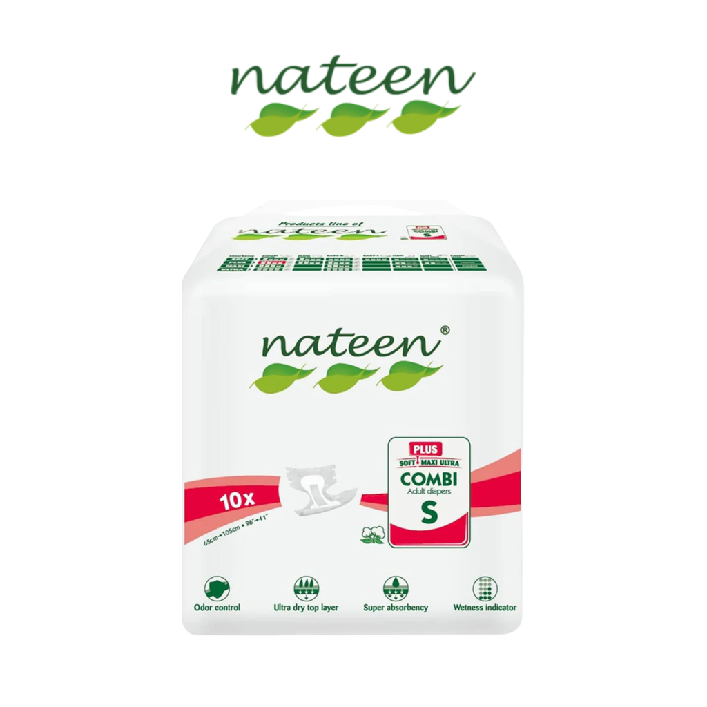 Nateen Combi Plus Adult Diaper – Clothlike Backsheet, Wetness Indicator, Leak Guard, Elastic Waistband, Velcro Tape & 2450ml Absorbency